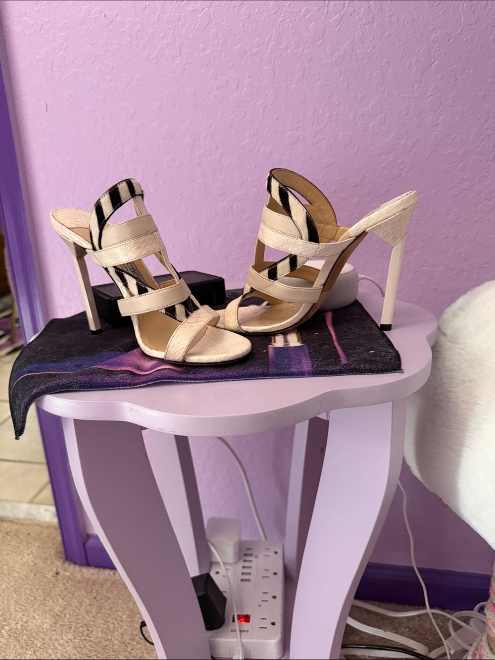 Jimmy Choo Cream Strappy Stiletto Sandals with Zebra Accent